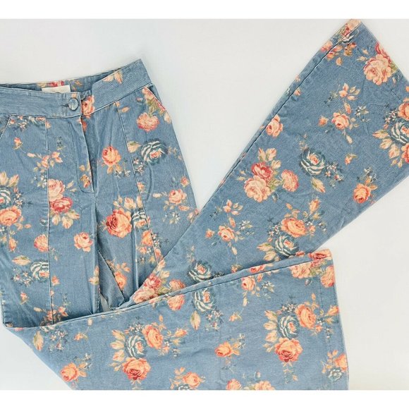 Marika Pants - LoveShackFancy Size 00 High Rise Blue Floral Corduroy Flare Pants